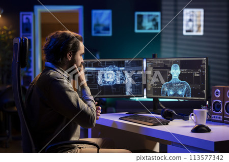 Software technician surprised by sentient AI becoming superintelligent, gaining humanoid form. It admin shocked by self aware artificial intelligence transcending to higher structure 113577342