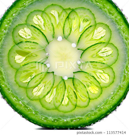 Cucumber seed oil in a clear glass dispenser with a sliced cucumber on a transparent 113577414