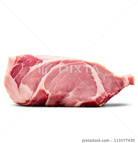 Raw pork shoulder boneless pale pink color photographed in soft light Food and culinary concept 113577430