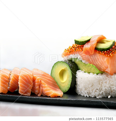 Breakfast sushi bowl with sushi rice topped with smoked salmon avocado cucumber and a sprinkle 113577565