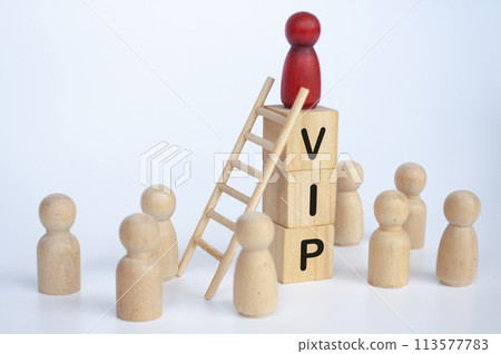 VIP text on wooden cubes with wooden dolls looking up to red figure doll 113577783