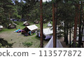 A tent camp with wigwams and bungalows, surrounded by pine trees in the forest. A SUP (stand-up paddleboard) is available for guests to enjoy the calm waters of the lake. Aerial footage. 4k 113577872