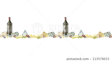 Cheese cut with red wine bottle hand drawn watercolor illustration. Cheese plate with brie, mozzarella , gouda grapes and figs seamless banner for menu, restaurant, packing design 113578015