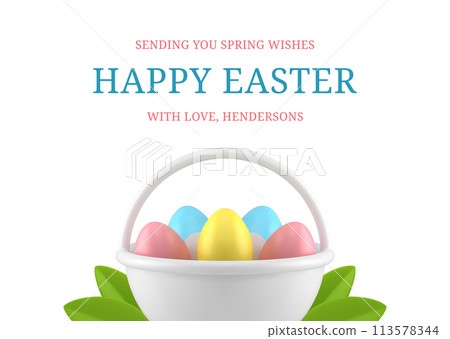 Happy Easter eggs basket spring green leaves 3d greeting card design template realistic vector Happy Easter eggs basket spring green leaves 3d greeting card design template realistic vector 113578344