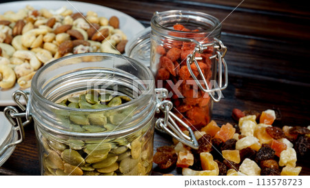 Dried fruits for baking, goji berries, pumpkin seeds Dried fruits for baking, goji berries, pumpkin seeds 113578723