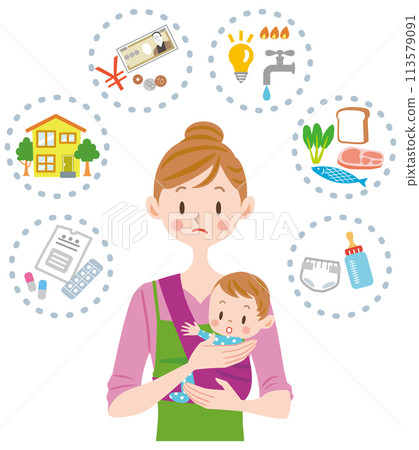 Mom holding a baby, housewife thinking about money, household finances, saving, living expenses 113579091
