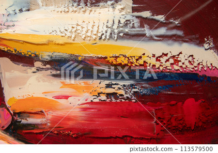 A fragment of the oil painting art. Art was painted with a palette knife and oil paints on round plywood. A fragment of the oil painting art. Art was painted with a palette knife and oil paints on round plywood. 113579500