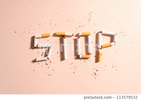 World no tobacco day concept template. Flat layout of STOP text made from cigarette or tobacco on brown background. World no tobacco day concept template. Flat layout of STOP text made from cigarette or tobacco on brown background. 113579532