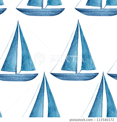 Sailboat seamless pattern hand drawn in watercolor isolated on white. High quality blue monochromatic illustration for wrapping paper, textile, wallpaper, notebooks, souvenirs, room decor Sailboat seamless pattern hand drawn in watercolor isolated on white. High quality blue monochromatic illustration for wrapping paper, textile, wallpaper, notebooks, souvenirs, room decor 113580172