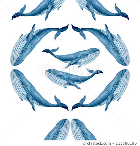 Blue whale seamless pattern hand-drawn in watercolor isolated on white. High quality monochromatic illustration for notebooks, posters, wallpaper, wrapping paper, eco, tourism, room decor and design 113580190