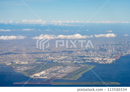 Airport airplane Haneda Airport takeoff morning noon bright airline engine brake terminal aerial view Airport airplane Haneda Airport takeoff morning noon bright airline engine brake terminal aerial view 113580334