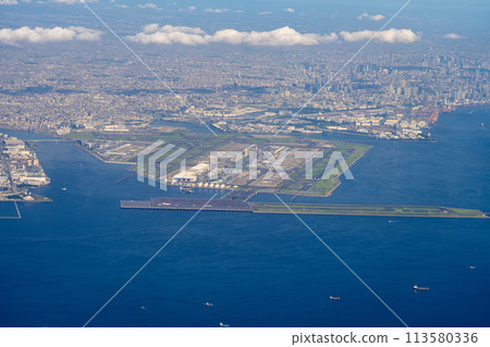 Airport airplane Haneda Airport takeoff morning noon bright airline engine brake terminal aerial view Airport airplane Haneda Airport takeoff morning noon bright airline engine brake terminal aerial view 113580336