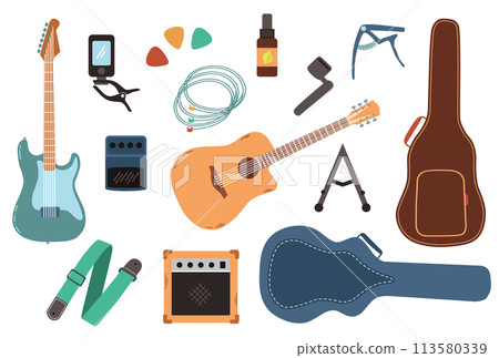 Electric guitar, acoustic guitar and accessories. Big set - capo, case, belt, picks, strings. Vector illustrations in flat style. 113580339