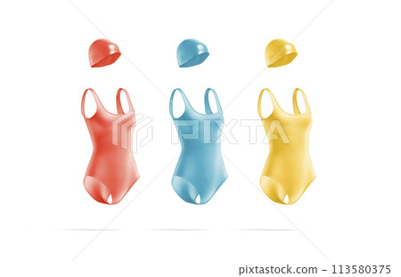 Blank colored one-piece swimsuit with swim cap mockup, side view 113580375