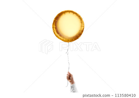 Hand holding blank gold round balloon mockup, isolated 113580410
