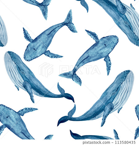 Blue whale humpback seamless pattern hand-drawn in watercolor isolated on white. High quality monochromatic art for notebooks, posters, wallpaper, wrapping paper, eco, tourism, room decor and design Blue whale humpback seamless pattern hand-drawn in watercolor isolated on white. High quality monochromatic art for notebooks, posters, wallpaper, wrapping paper, eco, tourism, room decor and design 113580435