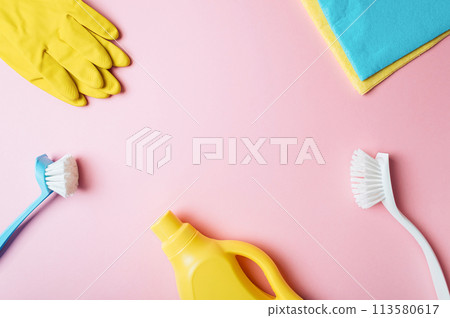 House cleaning product on pink background, copy space House cleaning product on pink background, copy space 113580617