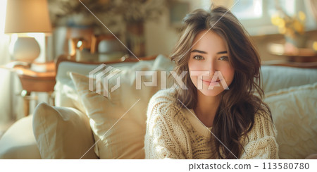 Smiling woman in living room 113580780
