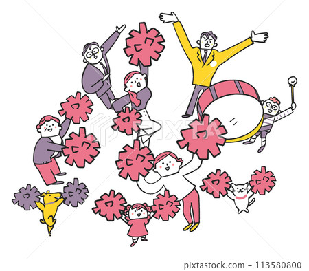 人們揮舞著絨球歡呼，略為俯視，插畫素材 113580800