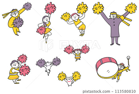 People cheering with pom-poms, slightly overhead view, illustration material People cheering with pom-poms, slightly overhead view, illustration material 113580810