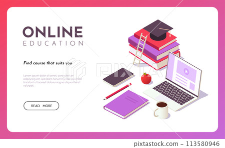 Online education isometric concept. Distance learning, online courses, web education, study from home. Vector isolated illustration 113580946