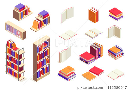 Isometric books. Open and closed book stack, university textbook, encyclopedia, notebook and magazine. Vector 3d education concept 113580947
