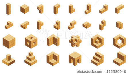 Isometric wooden cubes. Geometric wooden blocks of different shapes, wooden 3D squares for children education and entertainment. Vector isolated set Isometric wooden cubes. Geometric wooden blocks of different shapes, wooden 3D squares for children education and entertainment. Vector isolated set 113580948