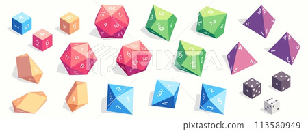 Rpg game dice. Cartoon polyhedral d4 d6 d8 d10 d12 d20 dice for board role playing game, fantasy gaming elements for app web design. Vector set 113580949