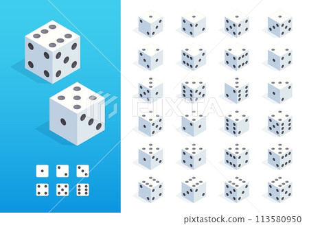 Isometric dice. 3D random roll of casino game elements, gambling and risk concept, poker and craps board game asset. Vector isolated set Isometric dice. 3D random roll of casino game elements, gambling and risk concept, poker and craps board game asset. Vector isolated set 113580950