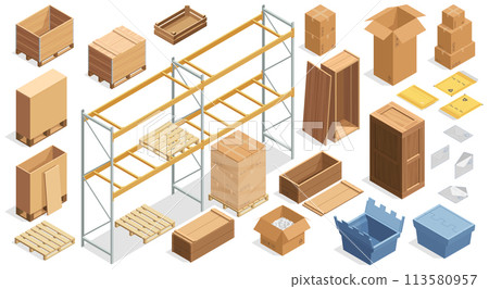Isometric shipping packages. Closed cardboard carton boxes, open corrugated wooden crates, delivery cargo containers. Vector isolated set Isometric shipping packages. Closed cardboard carton boxes, open corrugated wooden crates, delivery cargo containers. Vector isolated set 113580957