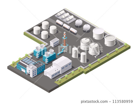 Factory buildings isometric concept. Petroleum industry oil refinery plant with chemical equipment, pipeline and storage tanks. Vector illustration Factory buildings isometric concept. Petroleum industry oil refinery plant with chemical equipment, pipeline and storage tanks. Vector illustration 113580959