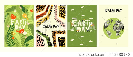 Earth day poster. Minimalistic flyer with earth globe and leaf, save earth concept. Vector 22 april banner for global environmental protection Earth day poster. Minimalistic flyer with earth globe and leaf, save earth concept. Vector 22 april banner for global environmental protection 113580980