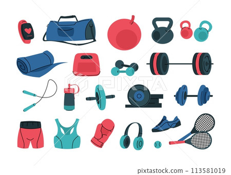 Fitness equipment. Cartoon sportswear and gym tools, training devices for workout and exercising, healthy lifestyle concept. Vector isolated set 113581019