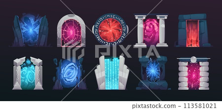 Cartoon game portal. Magic vortex tunnel archway frame, fantasy fairy entrance and exit way, fantasy adventure game asset. Vector isolated set 113581021