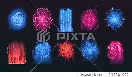 Portal cartoon effects. Magic gate teleportation, fantasy vortex and door frame, fantastic multiverse elements. Vector isolated set Portal cartoon effects. Magic gate teleportation, fantasy vortex and door frame, fantastic multiverse elements. Vector isolated set 113581022