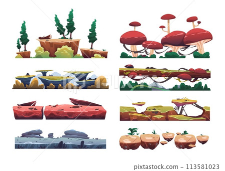 Cartoon game level surface. Ground and floor asset for game UI, sand, grass, dirt, swamp, lava, stone, ice, snow, water. Vector environment asset 113581023