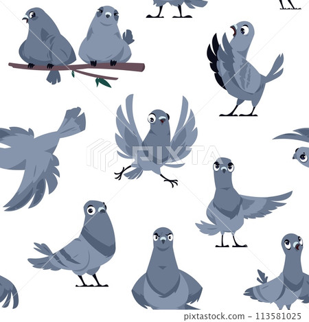 Cartoon pigeon pattern. Seamless print of cute birds in different poses and actions, domestic and wild white and gray dove. Vector texture 113581025