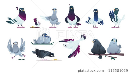Cute pigeon characters. Cartoon flying doves with different emotions, romantic couple and family with kids, flying birds in love. Vector set 113581029