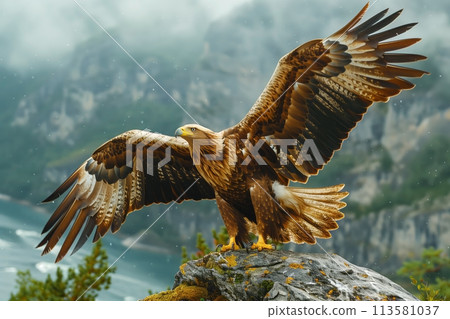 The big eagle at the top of the mountain spread its huge wings 113581037