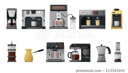 Espresso coffee machines. Vintage automatic and manual coffee makers, french press, moka, turkish cezve, grinder and kettle. Vector isolated set 113581042