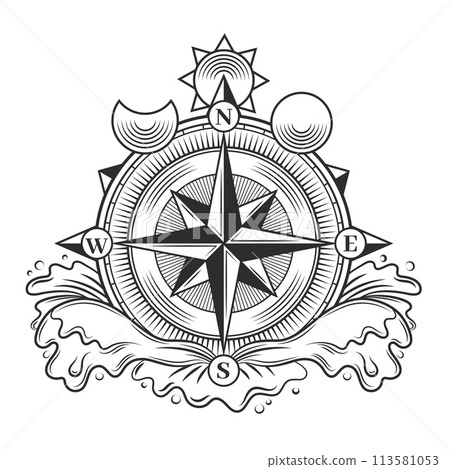 Compass tattoo. Minimalist black astrological amulet with arrow and sun moon stars, modern orienteering direction sign. Vector isolated set 113581053