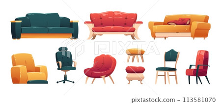 Trendy sofas chairs armchairs. Cartoon comfortable furniture for living room interior, modern couch and armchair with pillows. Vector isolated set 113581070