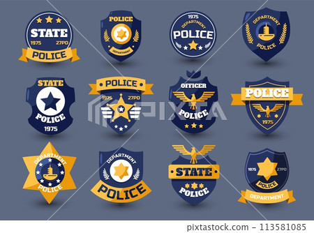 Police officer seal. Policeman badges and sheriff emblems with star and shield, law enforcement insignia flat style. Vector collection 113581085