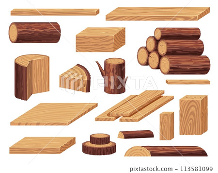 Raw wood materials. Lumber pile of logs tree trunks branches, pile of cut pieces of hardwood for carpentry, sawmill industry. Vector isolated set 113581099