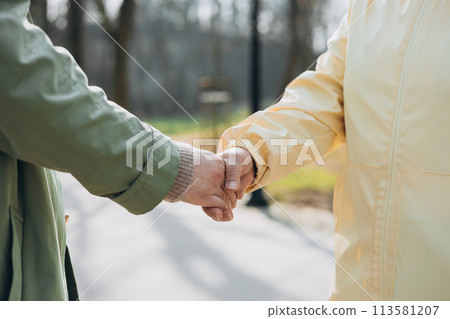 Two women friends or female partners meet on street. Handshake of Successful business women on the background of modern buildings, merger and acquisition concepts. Shaking hands to seal a deal 113581207