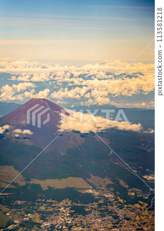 Mt. Fuji Morning Daytime Bright Airline Engine Aerial Summer Cloudy Clouds Summit Volcano World Heritage Site Bird's-eye view 113581218