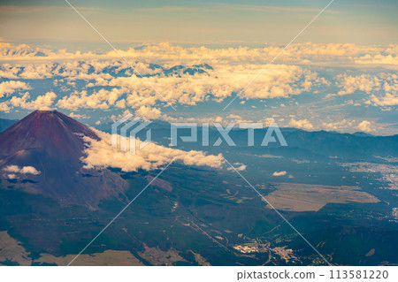 Mt. Fuji Morning Daytime Bright Airline Engine Aerial Summer Cloudy Clouds Summit Volcano World Heritage Site Bird's-eye view Mt. Fuji Morning Daytime Bright Airline Engine Aerial Summer Cloudy Clouds Summit Volcano World Heritage Site Bird's-eye view 113581220
