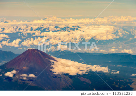 Mt. Fuji Morning Daytime Bright Airline Engine Aerial Summer Cloudy Clouds Summit Volcano World Heritage Site Bird's-eye view 113581223