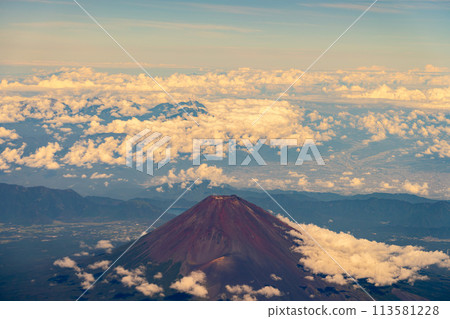Mt. Fuji Morning Daytime Bright Airline Engine Aerial Summer Cloudy Clouds Summit Volcano World Heritage Site Bird's-eye view 113581228
