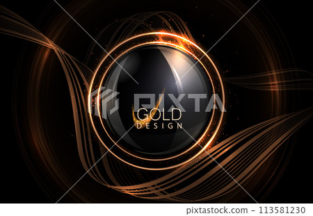 Composition with shiny glass round frame and ribbon on a black background 113581230